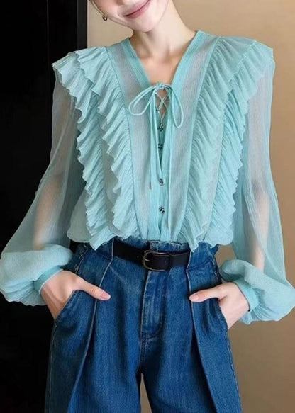 Fashion Blue V Neck Ruffled Patchwork Chiffon Shirt Fall