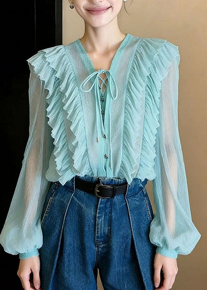 Fashion Blue V Neck Ruffled Patchwork Chiffon Shirt Fall