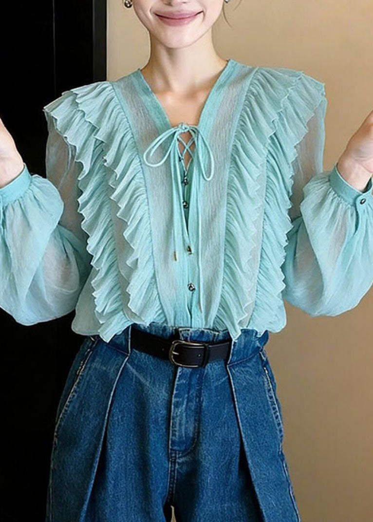 Fashion Blue V Neck Ruffled Patchwork Chiffon Shirt Fall