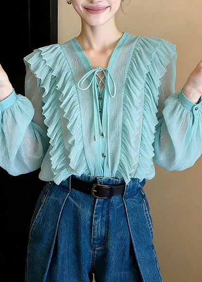 Fashion Blue V Neck Ruffled Patchwork Chiffon Shirt Fall