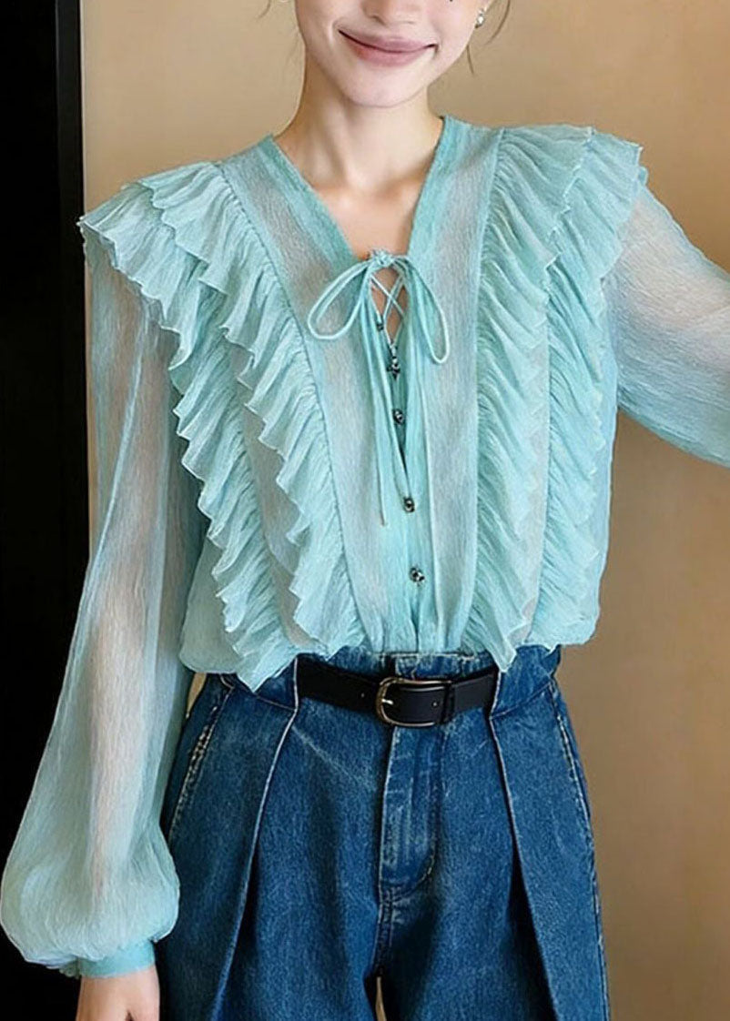 Fashion Blue V Neck Ruffled Patchwork Chiffon Shirt Fall