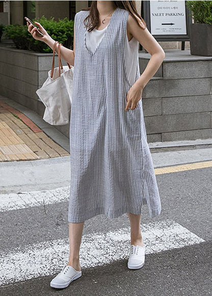 Fashion Blue V Neck Side Open Striped Cotton Beach Dress Summer