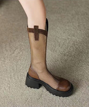 Load image into Gallery viewer, Fashion Breathable Tulle Splicing Chunky Boots Black Cowhide Leather