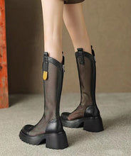 Load image into Gallery viewer, Fashion Breathable Tulle Splicing Chunky Boots Black Cowhide Leather
