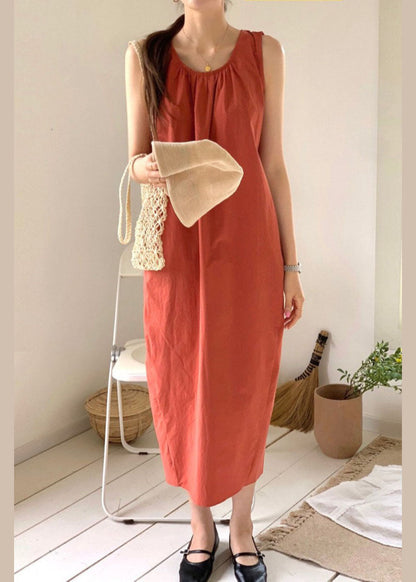 Fashion Brick Red O-Neck Oversized Cotton Beach Dress Sleeveless