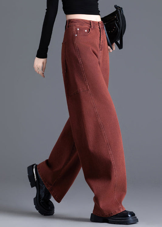 Fashion Brick Red Oversized Patchwork Denim Pants Spring