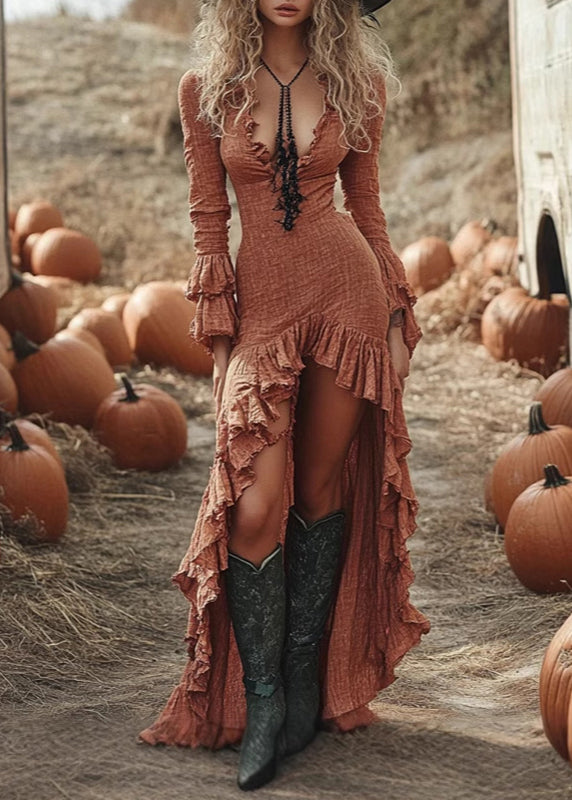 Fashion Brick Red Ruffled Low High Design Patchwork Maxi Dresses Spring