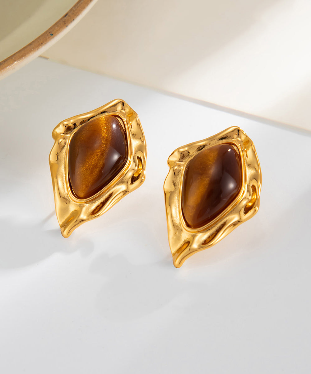 Fashion Brown Copper Asymmetrical Wrinkled Gem Stone Stud Earrings