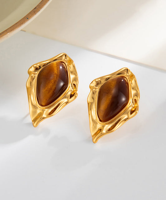 Fashion Brown Copper Asymmetrical Wrinkled Gem Stone Stud Earrings