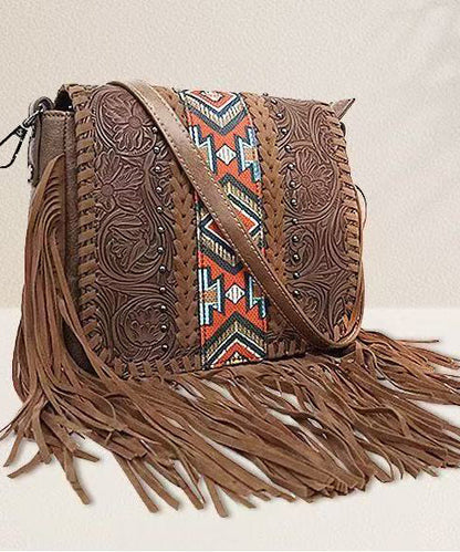 Fashion Brown Embossing Tasseled Faux Leather Messenger Bag