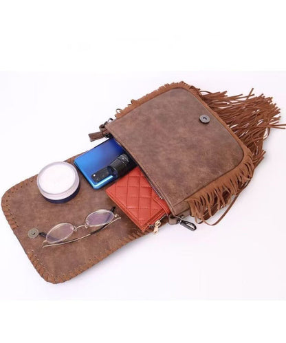 Fashion Brown Embossing Tasseled Faux Leather Messenger Bag