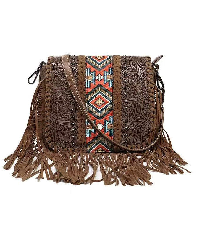 Fashion Brown Embossing Tasseled Faux Leather Messenger Bag