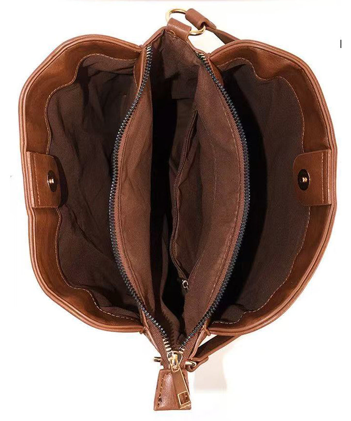 Fashion Brown Embroidered Inner Pocket Faux Leather Women Handbag