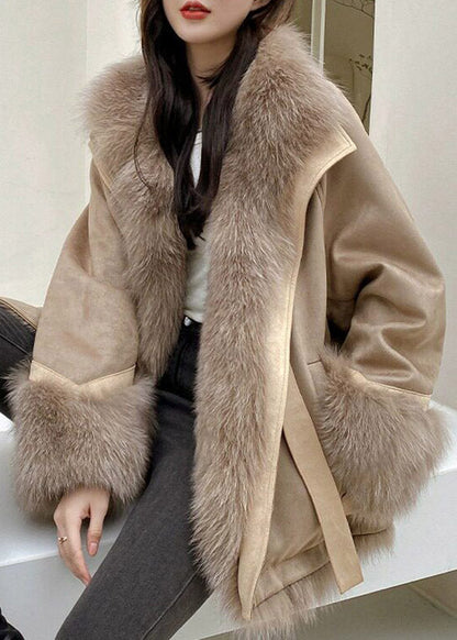 Fashion Brown Fox Collar Patchwork Pockets Leather And Fur Coat Fall