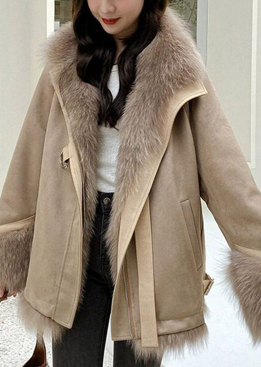 Fashion Brown Fox Collar Patchwork Pockets Leather And Fur Coat Fall