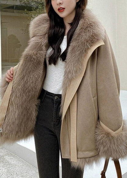 Fashion Brown Fox Collar Patchwork Pockets Leather And Fur Coat Fall