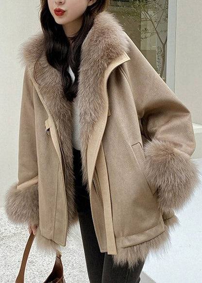 Fashion Brown Fox Collar Patchwork Pockets Leather And Fur Coat Fall