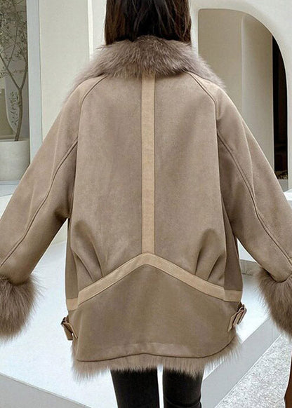 Fashion Brown Fox Collar Patchwork Pockets Leather And Fur Coat Fall