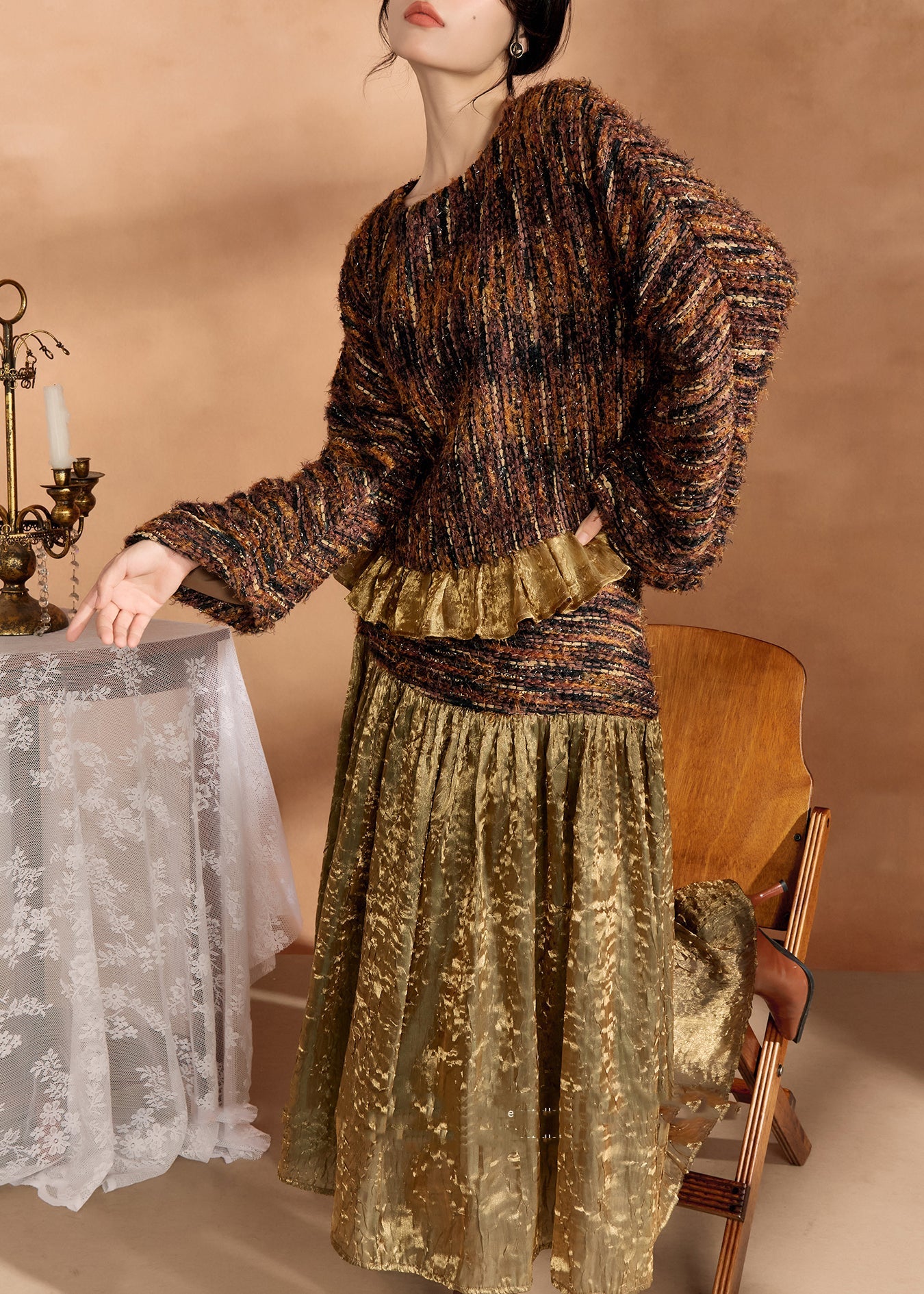 Fashion Brown Knit Sweaters And Silk Skirts Two Pieces Set Spring