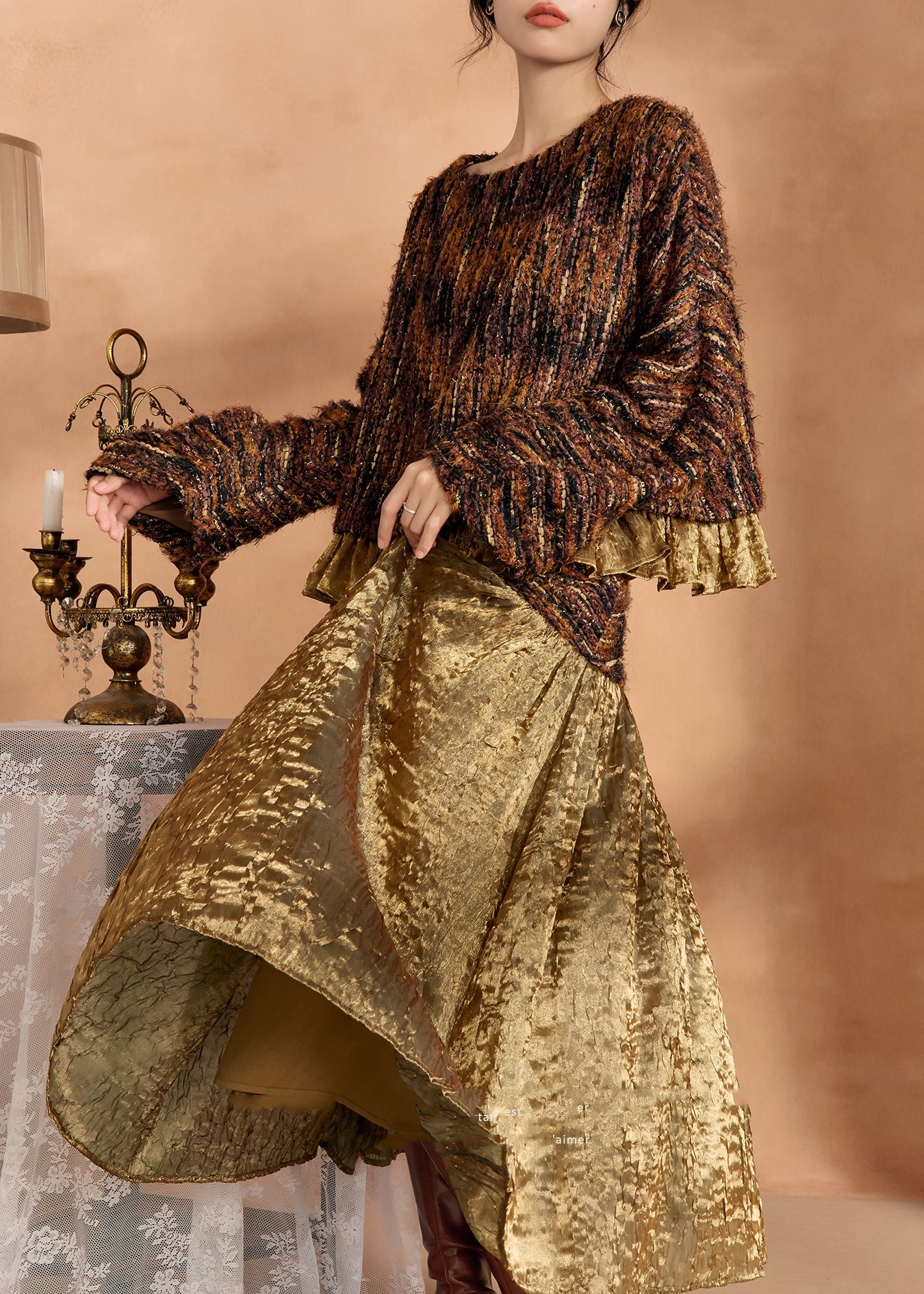 Fashion Brown Knit Sweaters And Silk Skirts Two Pieces Set Spring