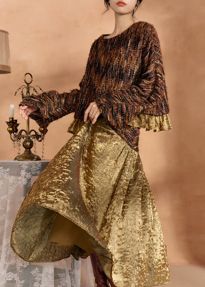 Fashion Brown Knit Sweaters And Silk Skirts Two Pieces Set Spring
