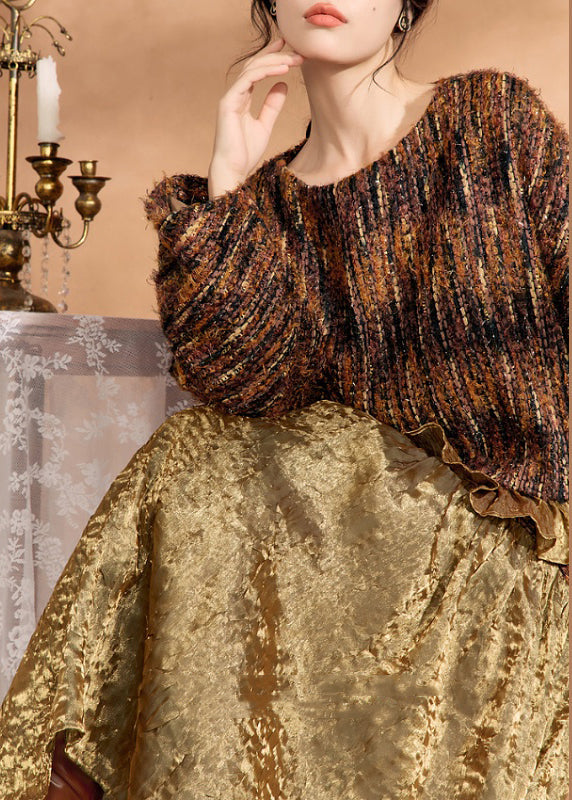 Fashion Brown Knit Sweaters And Silk Skirts Two Pieces Set Spring