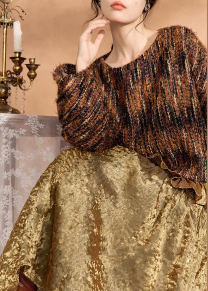 Fashion Brown Knit Sweaters And Silk Skirts Two Pieces Set Spring