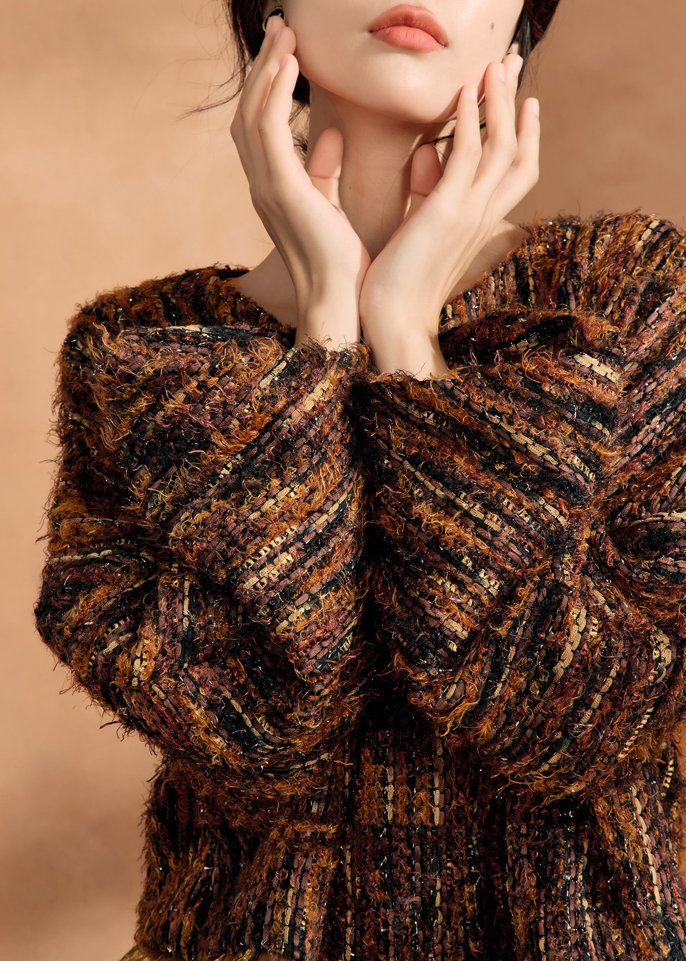 Fashion Brown Knit Sweaters And Silk Skirts Two Pieces Set Spring