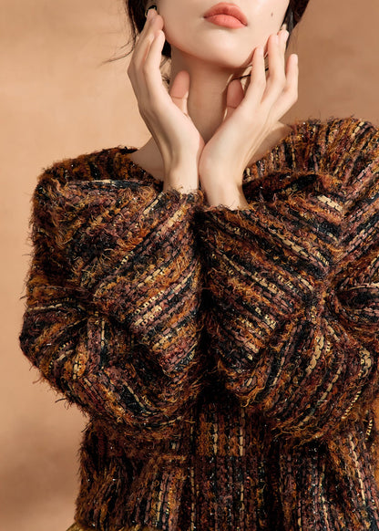 Fashion Brown Knit Sweaters And Silk Skirts Two Pieces Set Spring