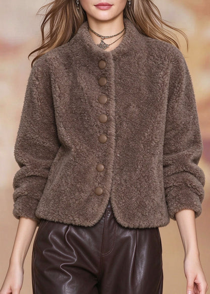 Fashion Brown Patchwork Faux Fur Coat Long Sleeve