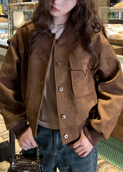 Fashion Brown Pockets Fine Cotton Filled Jacket Winter