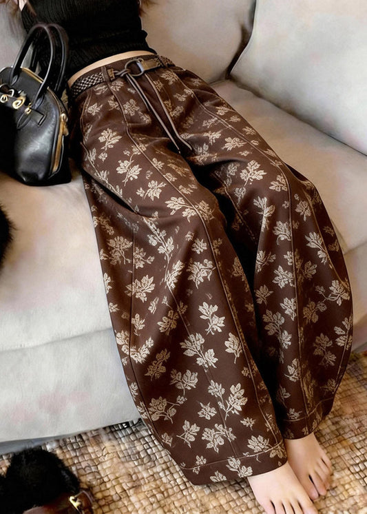 Fashion Brown Print Sashes High Waist Wide Leg Pants