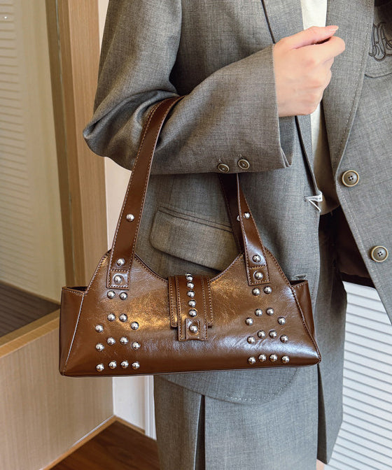 Fashion Brown Rivet Faux Leather Shoulder Bag
