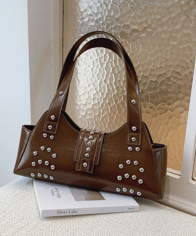 Fashion Brown Rivet Faux Leather Shoulder Bag
