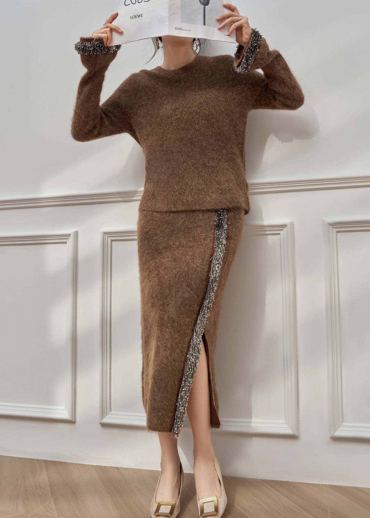 Fashion Brown Tasseled Side Open Knit Two Pieces Set Winter