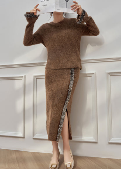Fashion Brown Tasseled Side Open Knit Two Pieces Set Winter