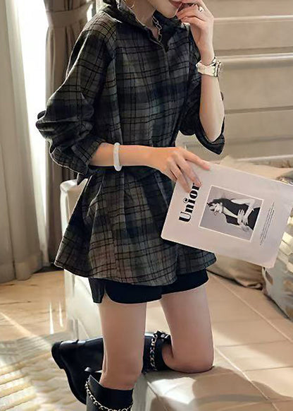 Fashion Brushed Plaid Shirt Collar Tie Waist Top Long Sleeve