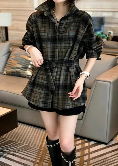 Fashion Brushed Plaid Shirt Collar Tie Waist Top Long Sleeve