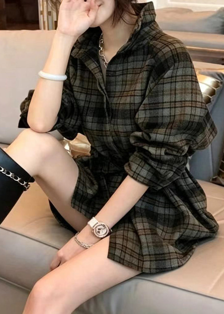 Fashion Brushed Plaid Shirt Collar Tie Waist Top Long Sleeve