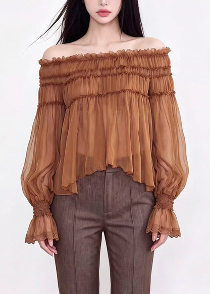 Fashion Caramel Slash Neck Chiffon Top Long Sleeve