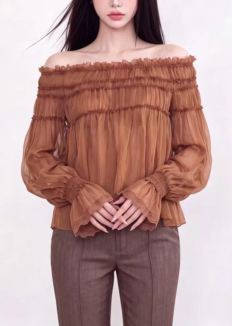 Fashion Caramel Slash Neck Chiffon Top Long Sleeve