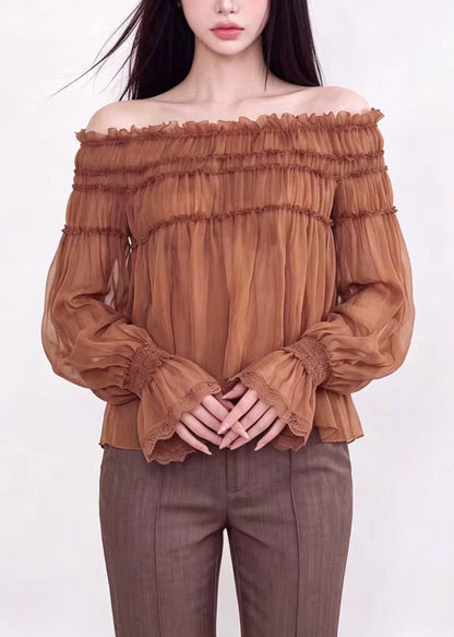 Fashion Caramel Slash Neck Chiffon Top Long Sleeve