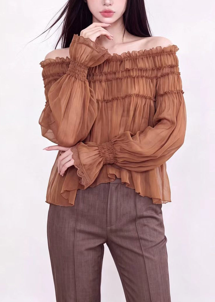 Fashion Caramel Slash Neck Chiffon Top Long Sleeve