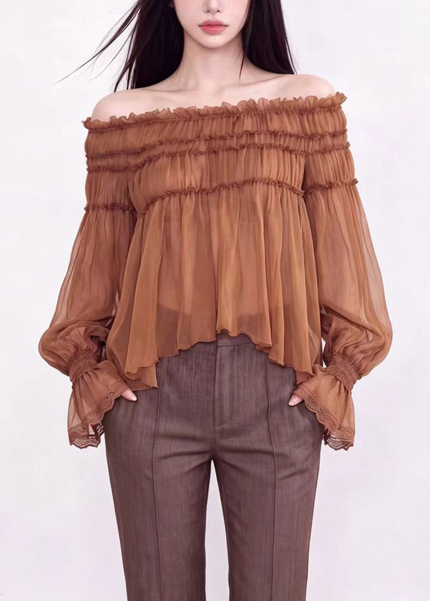 Fashion Caramel Slash Neck Chiffon Top Long Sleeve