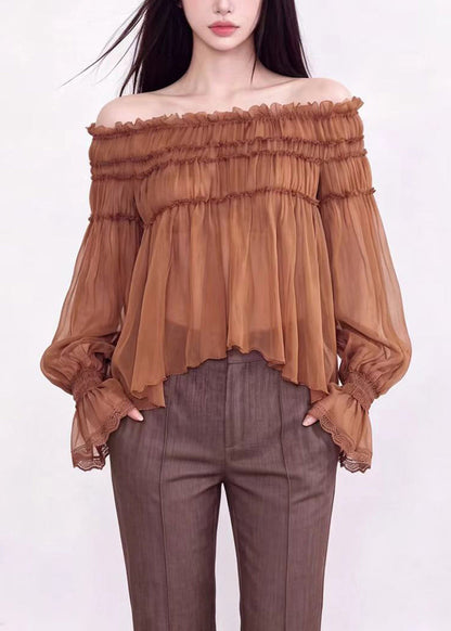 Fashion Caramel Slash Neck Chiffon Top Long Sleeve