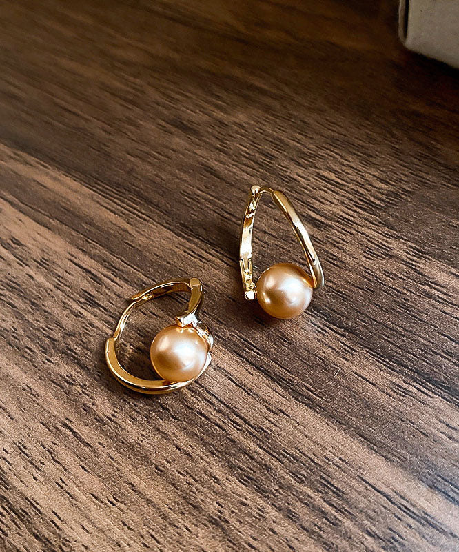 Fashion Champagne Copper Overgild Pearl Hoop Earrings