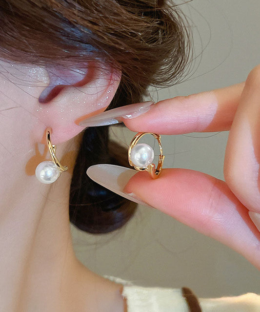 Fashion Champagne Copper Overgild Pearl Hoop Earrings