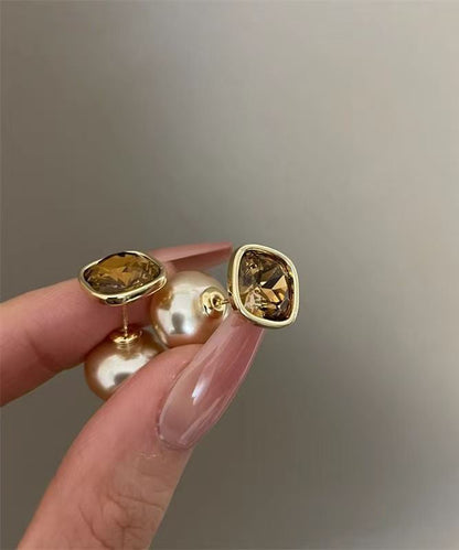 Fashion Champagne Copper Overgild Pearl Two Ways Of wearing It Stud Earrings