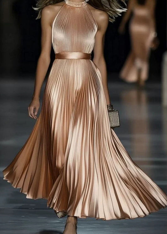 Fashion Champagne Halter Cold Shoulder Tunic Silk Long Dress Sleeveless