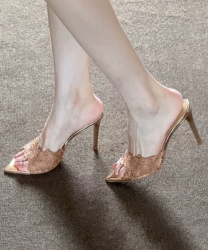 Fashion Champagne Lace High Heel Slippers Pointed Toe